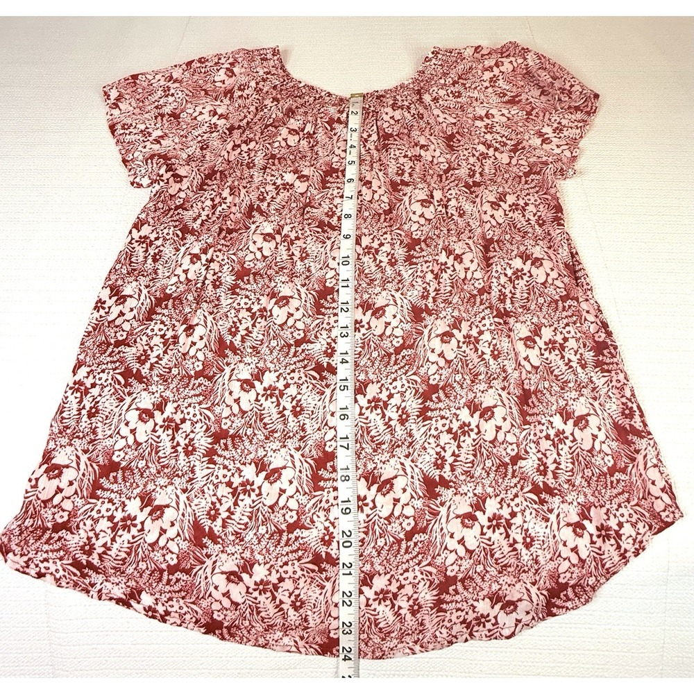 Liz Claiborne Red White Floral Peasant Blouse M Rayon Smocked Boho Cottagecore - Picture 7 of 8